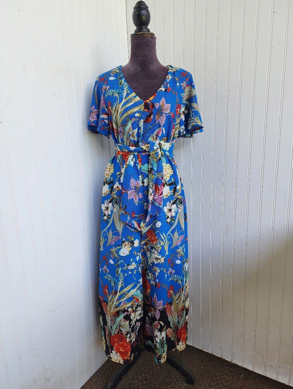 Signature by Robbie Lee Floral Tie Jumper Dress Jumpsuit Blue Short Sleeve Sz 6
